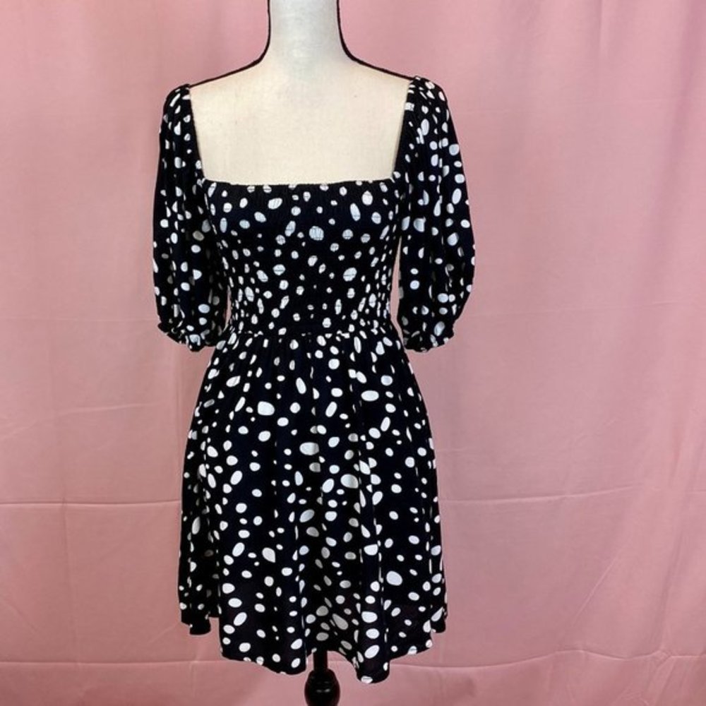 POLKA DOT SHIRRED WAIST PUFF SLEEVE DRESS